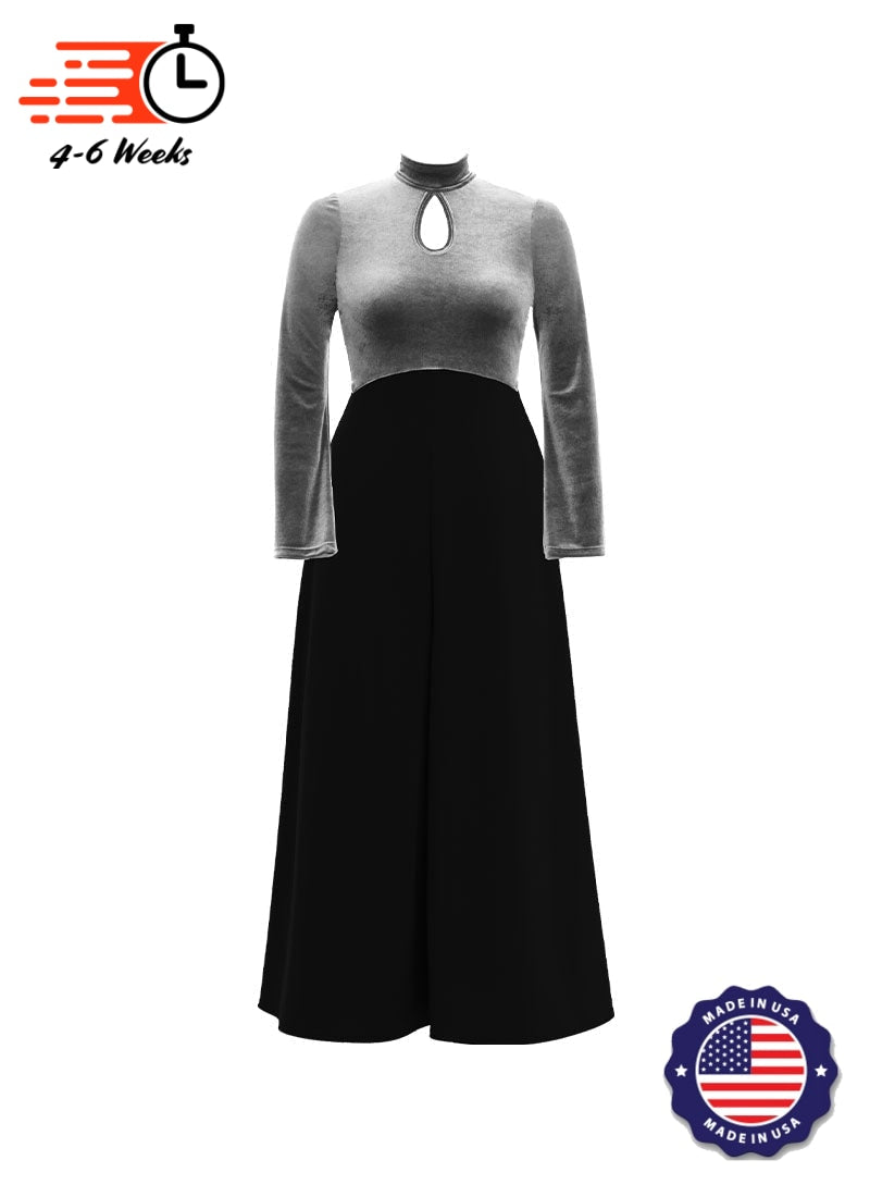 High Neck Keyhole Long Sleeve Stretch Velvet Top/ Black Crepe Knit Palazzo Pant Jumpsuit