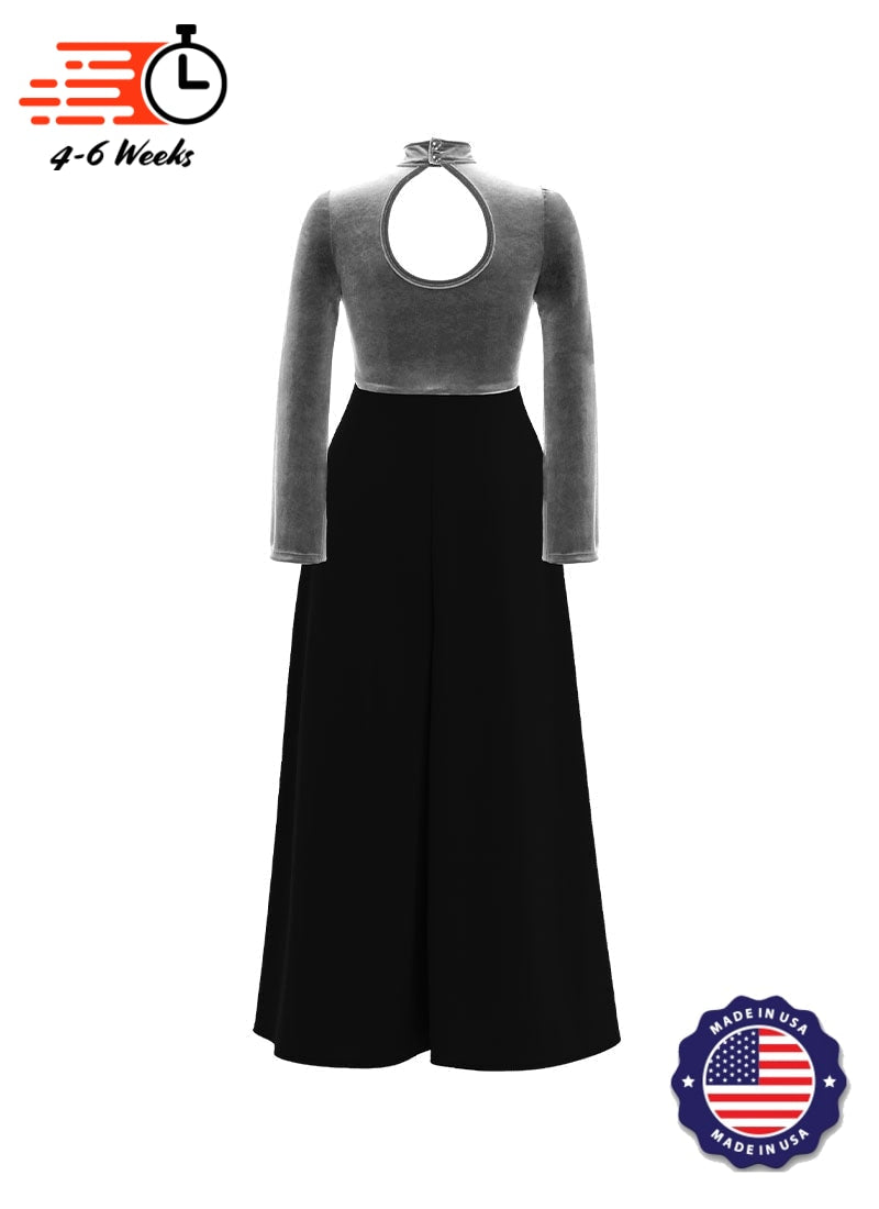 High Neck Keyhole Long Sleeve Stretch Velvet Top/ Black Crepe Knit Palazzo Pant Jumpsuit
