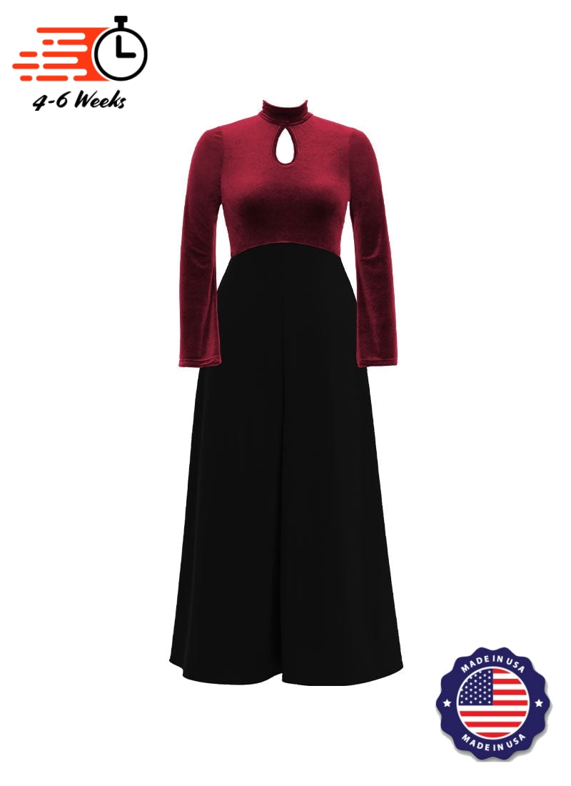 High Neck Keyhole Long Sleeve Stretch Velvet Top/ Black Crepe Knit Palazzo Pant Jumpsuit