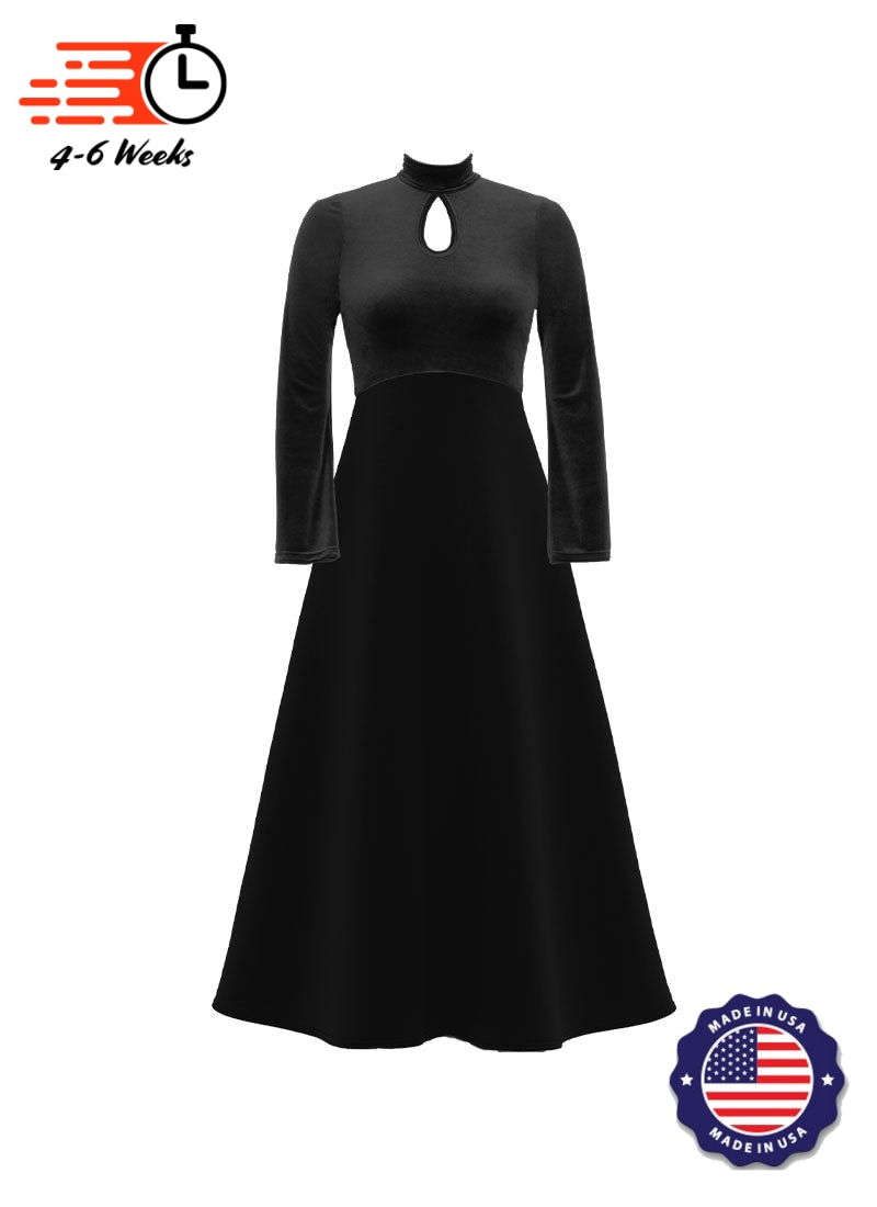 High Neck Keyhole Long Sleeve Stretch Velvet Top/ Black Crepe Knit Gown