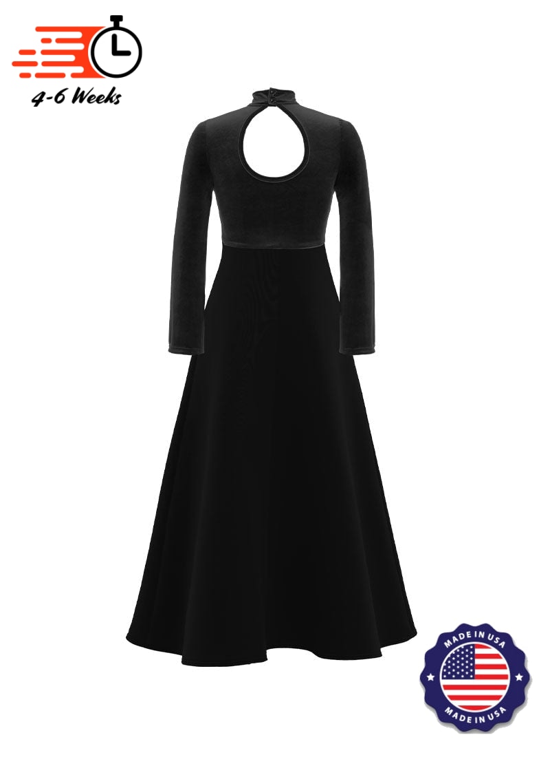 High Neck Keyhole Long Sleeve Stretch Velvet Top/ Black Crepe Knit Gown