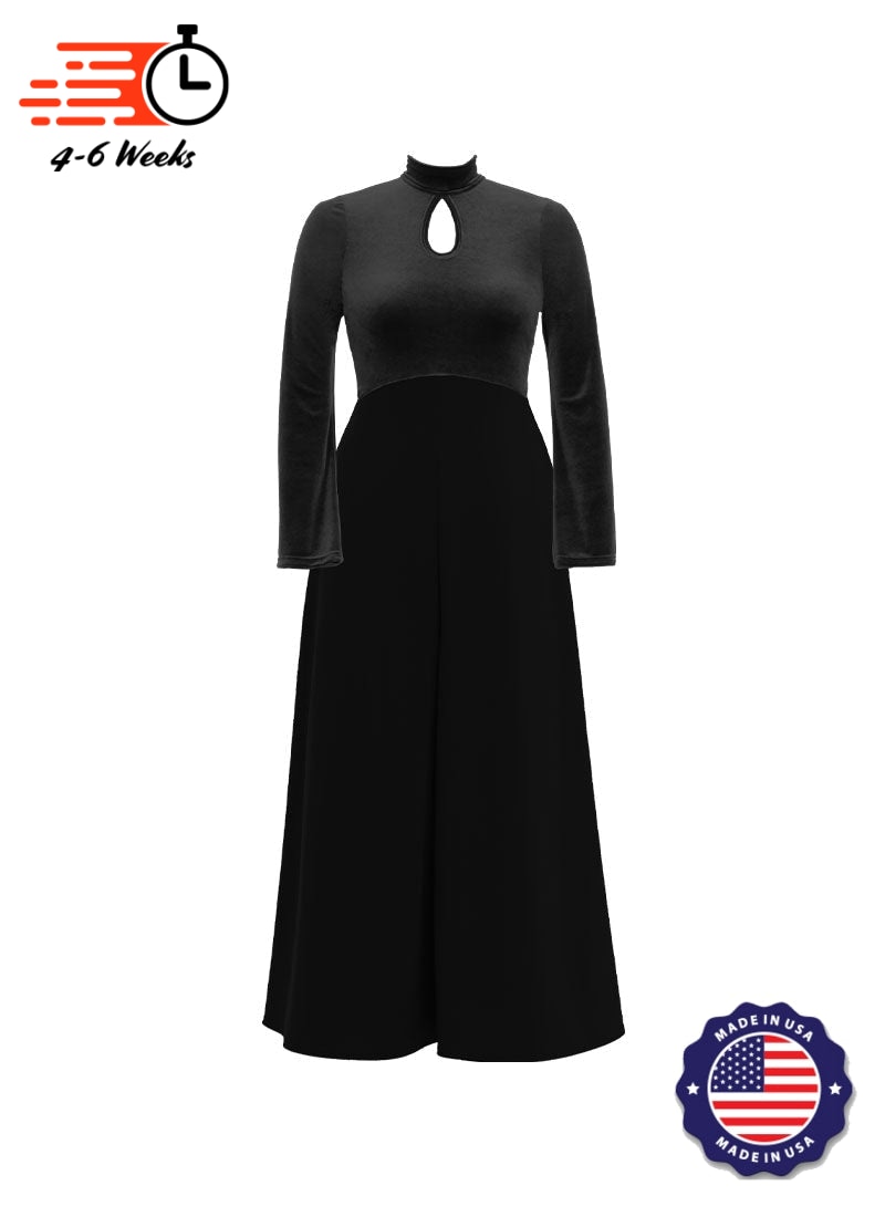 High Neck Keyhole Long Sleeve Stretch Velvet Top/ Black Crepe Knit Palazzo Pant Jumpsuit