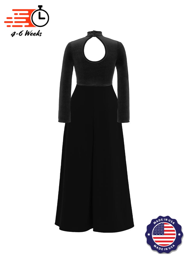 High Neck Keyhole Long Sleeve Stretch Velvet Top/ Black Crepe Knit Palazzo Pant Jumpsuit