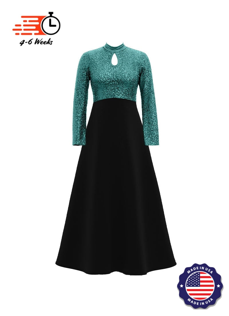 High Neck Keyhole Long Sleeve Stretch Sequin Top/ Black Crepe Knit Gown