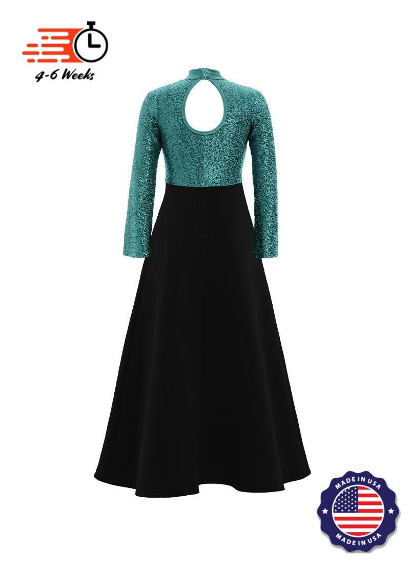 High Neck Keyhole Long Sleeve Stretch Sequin Top/ Black Crepe Knit Gown