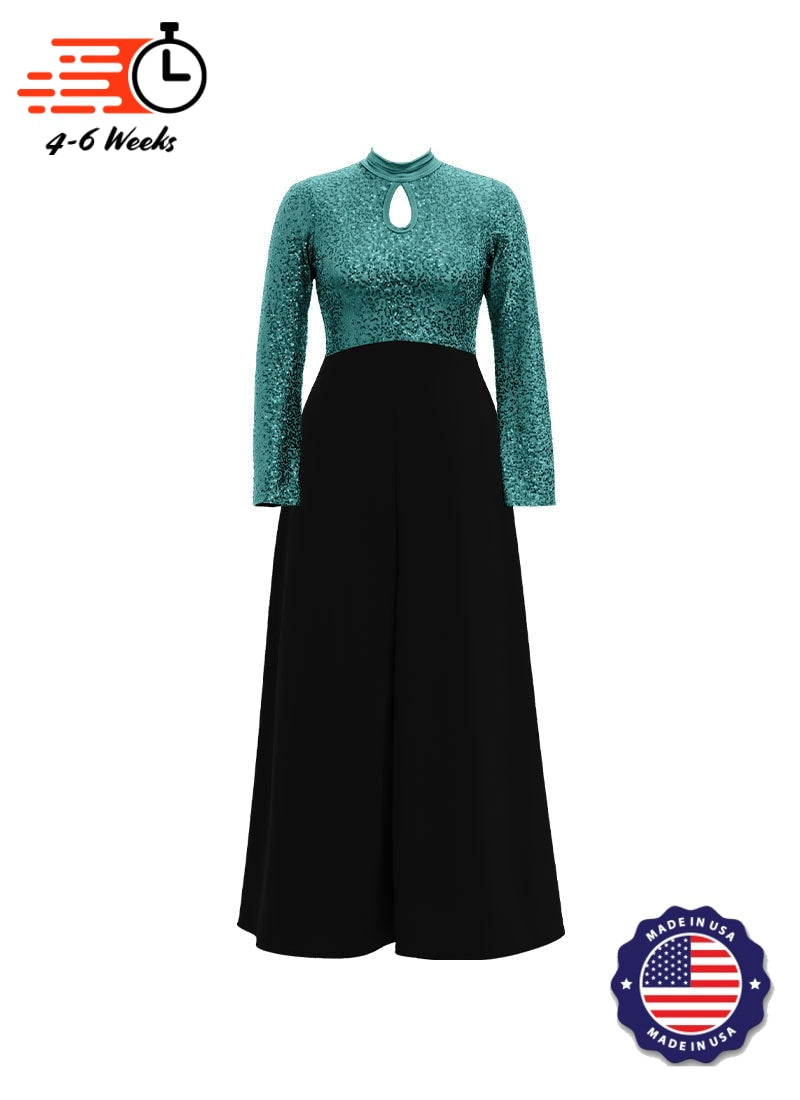 High Neck Keyhole Long Sleeve Stretch Sequin Top/ Black Crepe Knit Palazzo Pant Jumpsuit