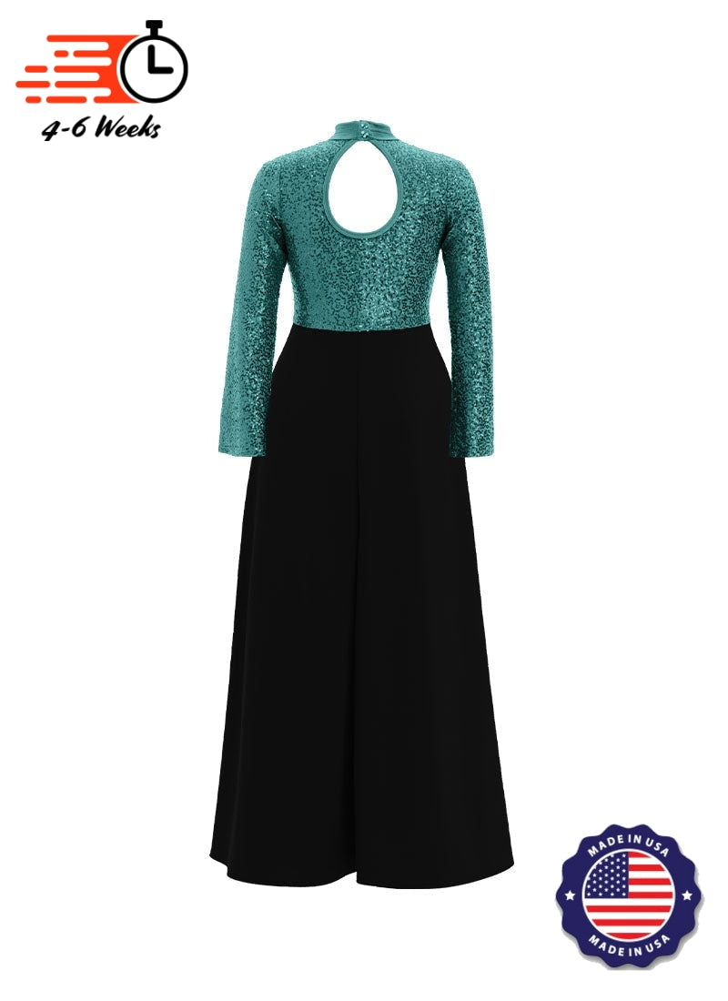 High Neck Keyhole Long Sleeve Stretch Sequin Top/ Black Crepe Knit Palazzo Pant Jumpsuit
