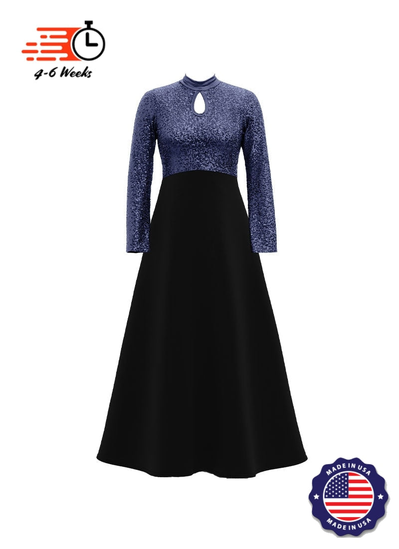 High Neck Keyhole Long Sleeve Stretch Sequin Top/ Black Crepe Knit Gown