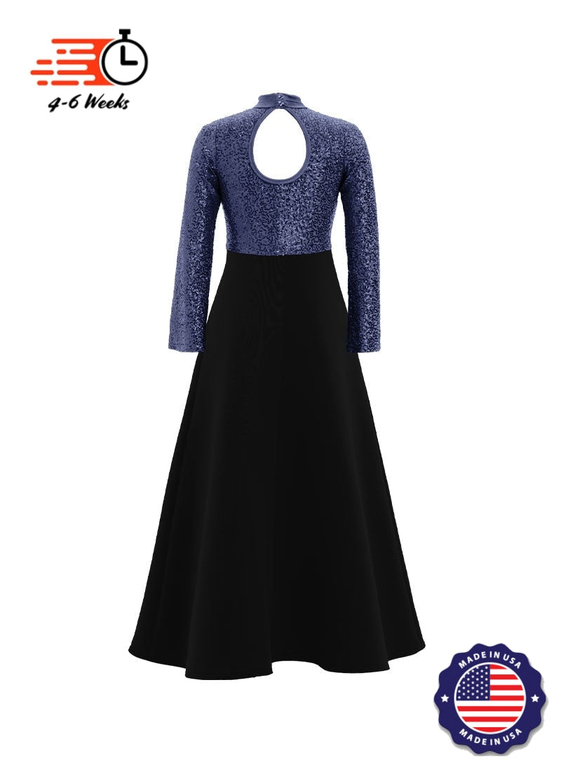 High Neck Keyhole Long Sleeve Stretch Sequin Top/ Black Crepe Knit Gown