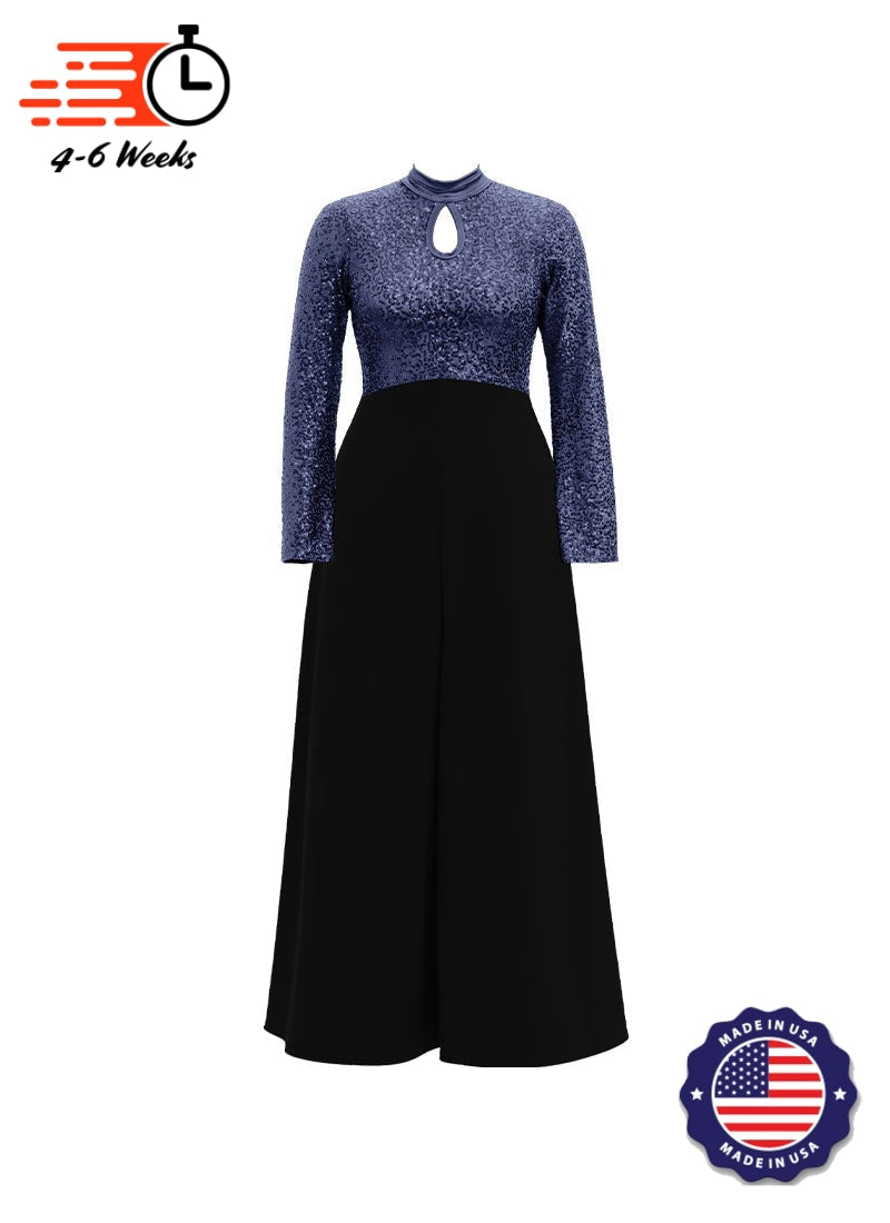 High Neck Keyhole Long Sleeve Stretch Sequin Top/ Black Crepe Knit Palazzo Pant Jumpsuit