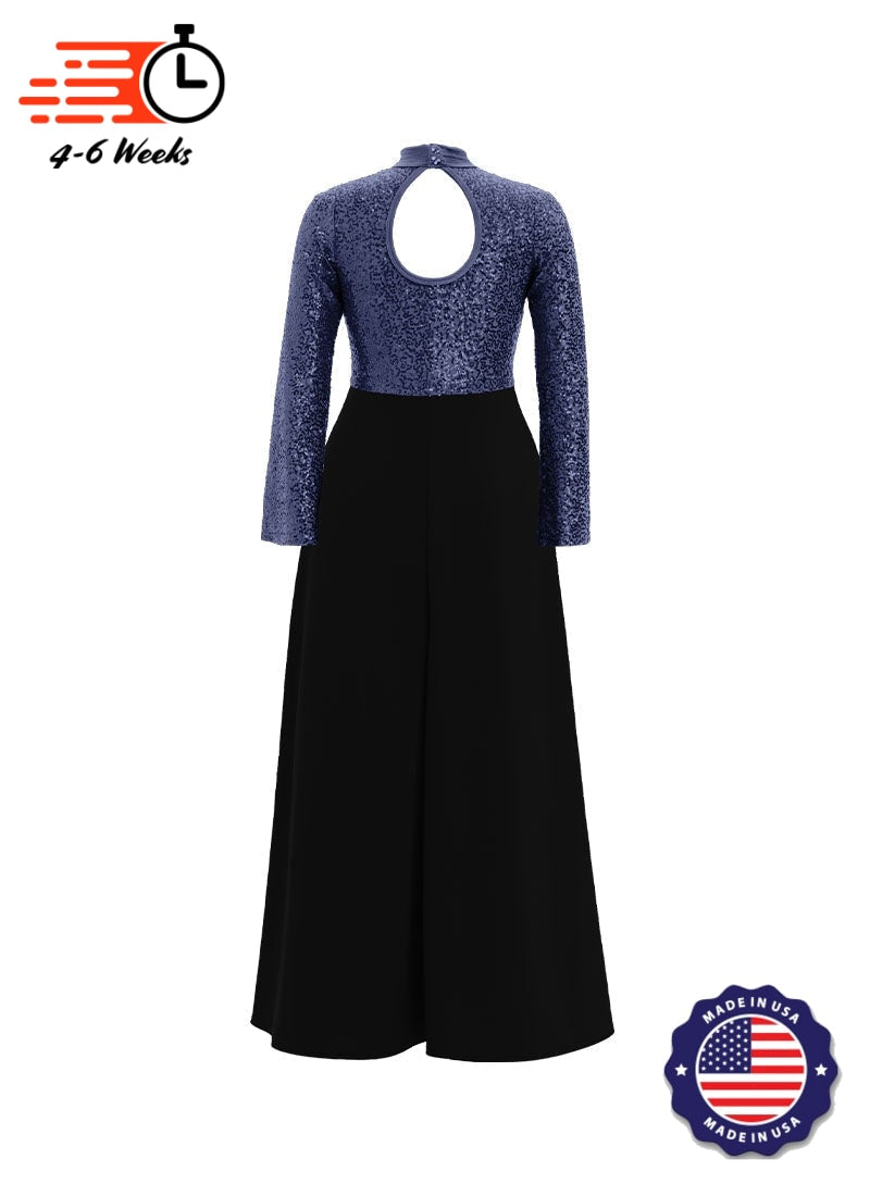 High Neck Keyhole Long Sleeve Stretch Sequin Top/ Black Crepe Knit Palazzo Pant Jumpsuit