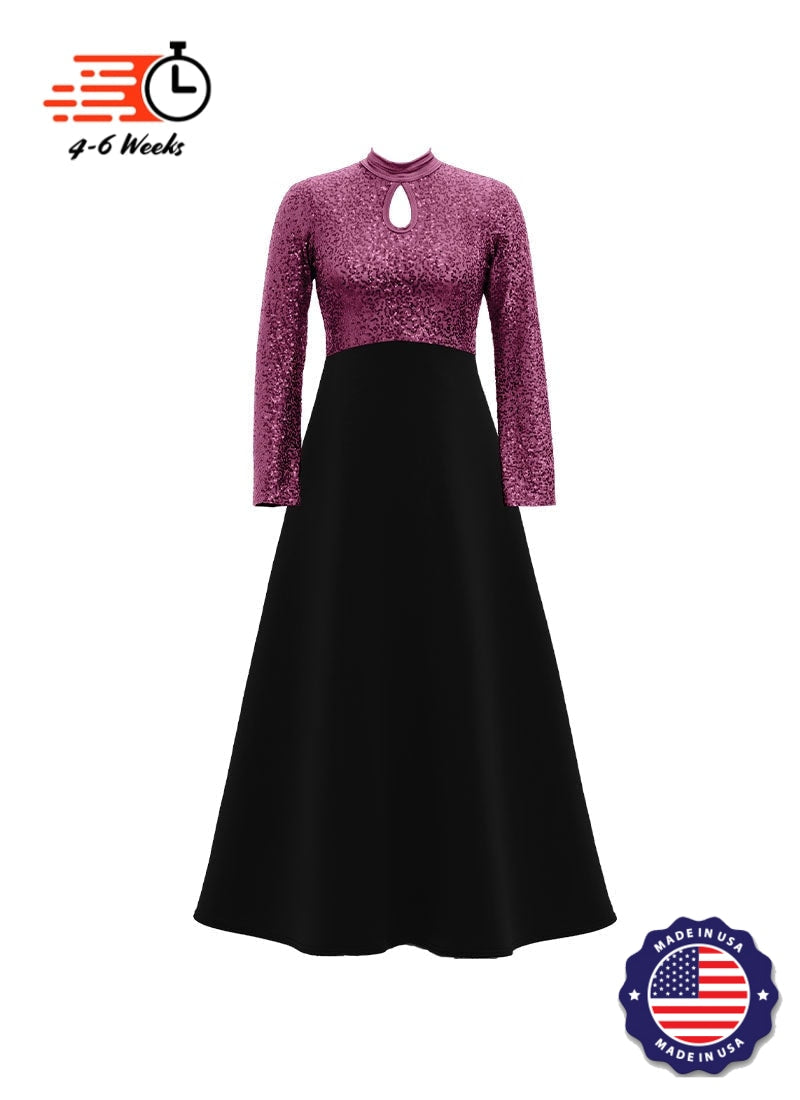 High Neck Keyhole Long Sleeve Stretch Sequin Top/ Black Crepe Knit Gown