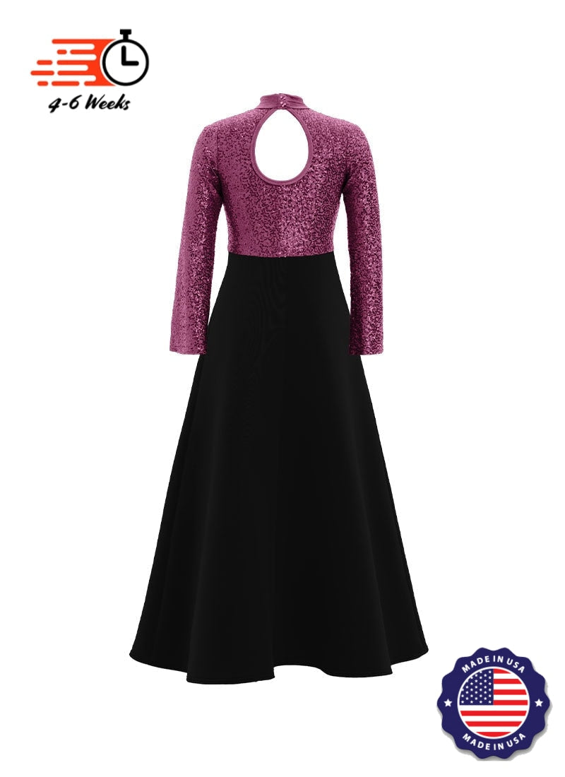 High Neck Keyhole Long Sleeve Stretch Sequin Top/ Black Crepe Knit Gown