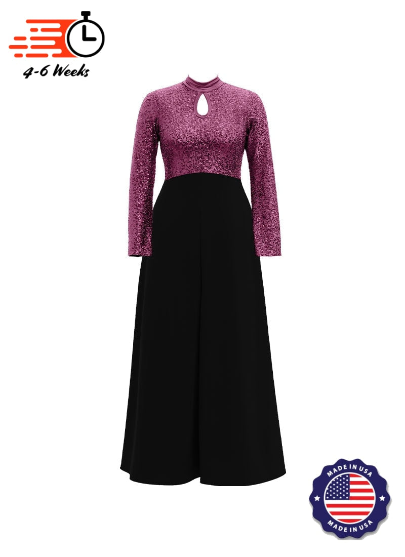 High Neck Keyhole Long Sleeve Stretch Sequin Top/ Black Crepe Knit Palazzo Pant Jumpsuit