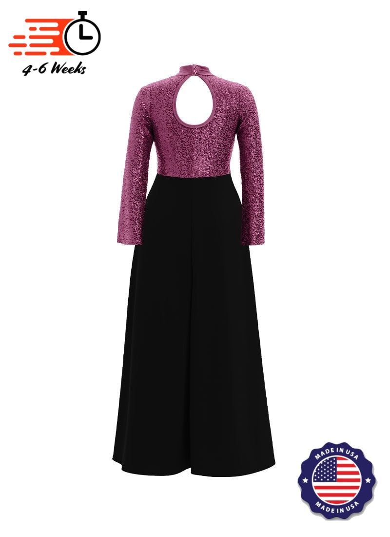 High Neck Keyhole Long Sleeve Stretch Sequin Top/ Black Crepe Knit Palazzo Pant Jumpsuit