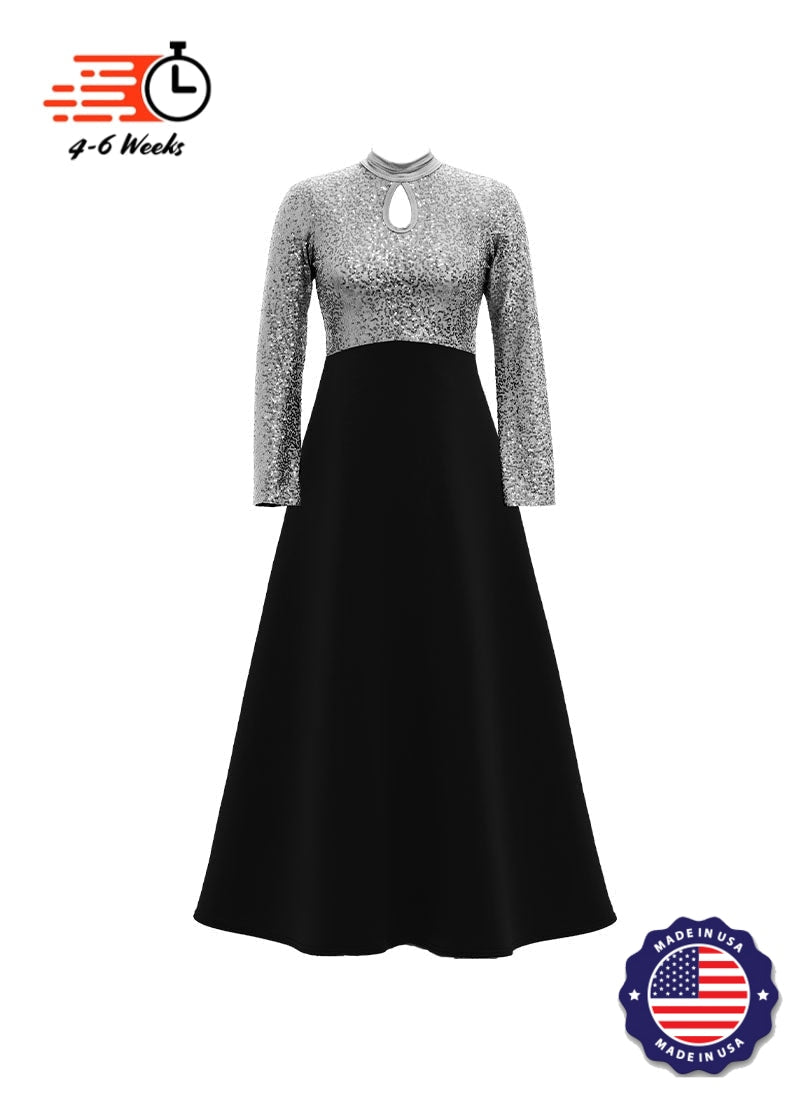 High Neck Keyhole Long Sleeve Stretch Sequin Top/ Black Crepe Knit Gown