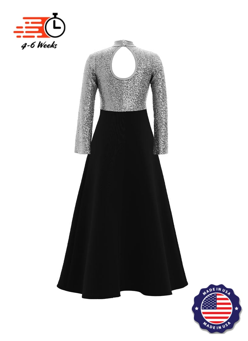 High Neck Keyhole Long Sleeve Stretch Sequin Top/ Black Crepe Knit Gown