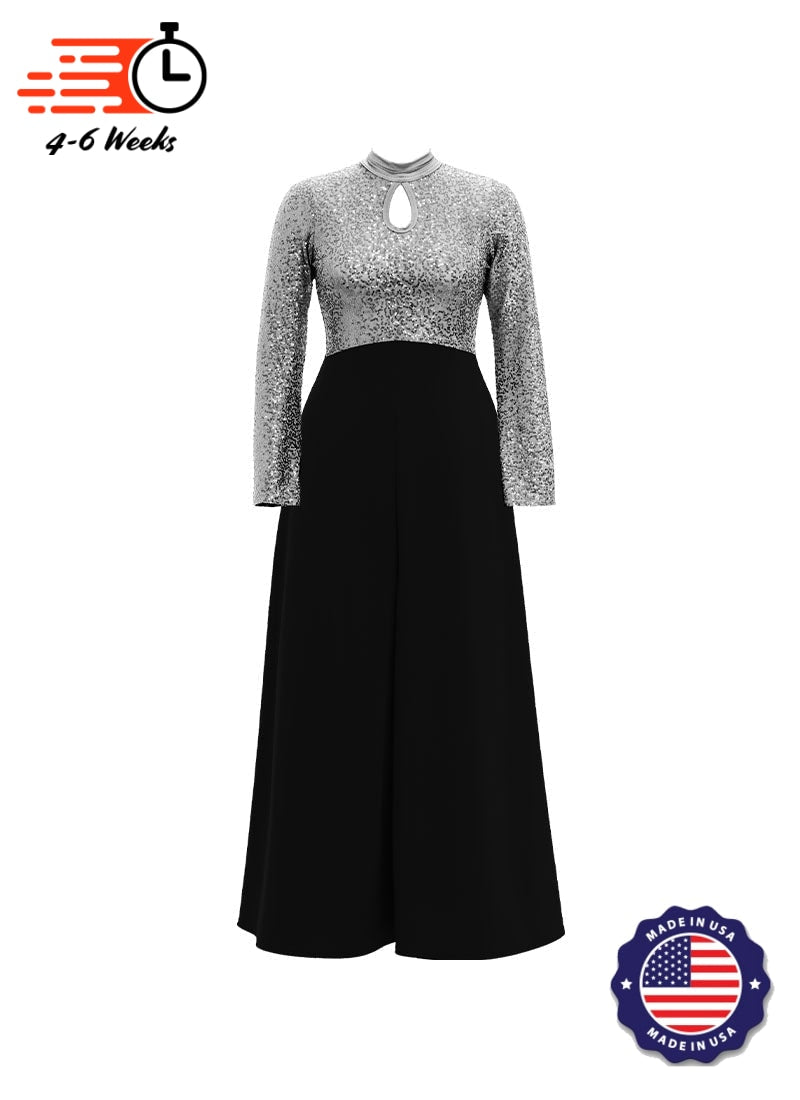 High Neck Keyhole Long Sleeve Stretch Sequin Top/ Black Crepe Knit Palazzo Pant Jumpsuit