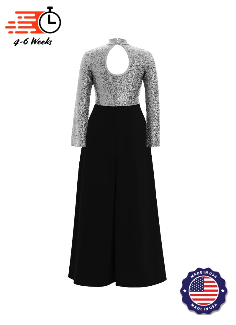 High Neck Keyhole Long Sleeve Stretch Sequin Top/ Black Crepe Knit Palazzo Pant Jumpsuit
