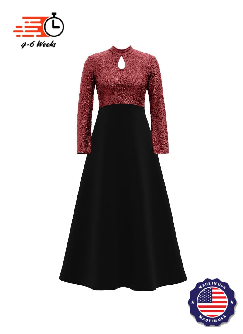 High Neck Keyhole Long Sleeve Stretch Sequin Top/ Black Crepe Knit Gown