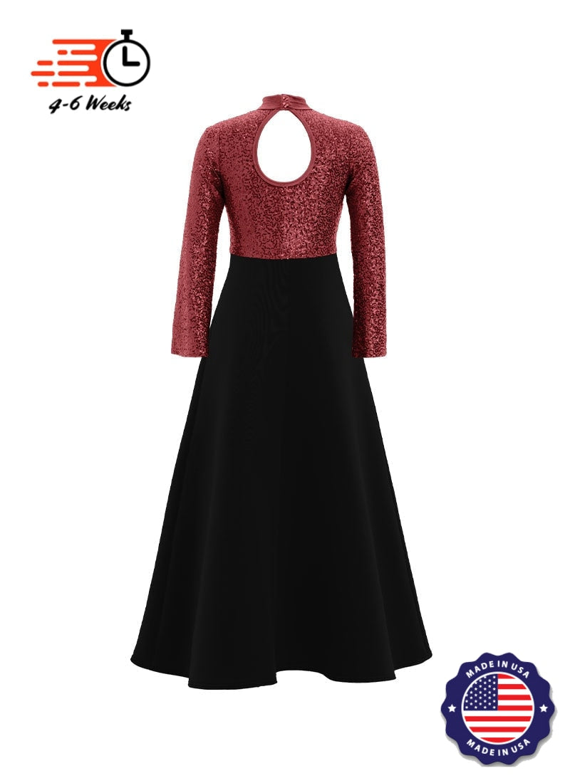 High Neck Keyhole Long Sleeve Stretch Sequin Top/ Black Crepe Knit Gown