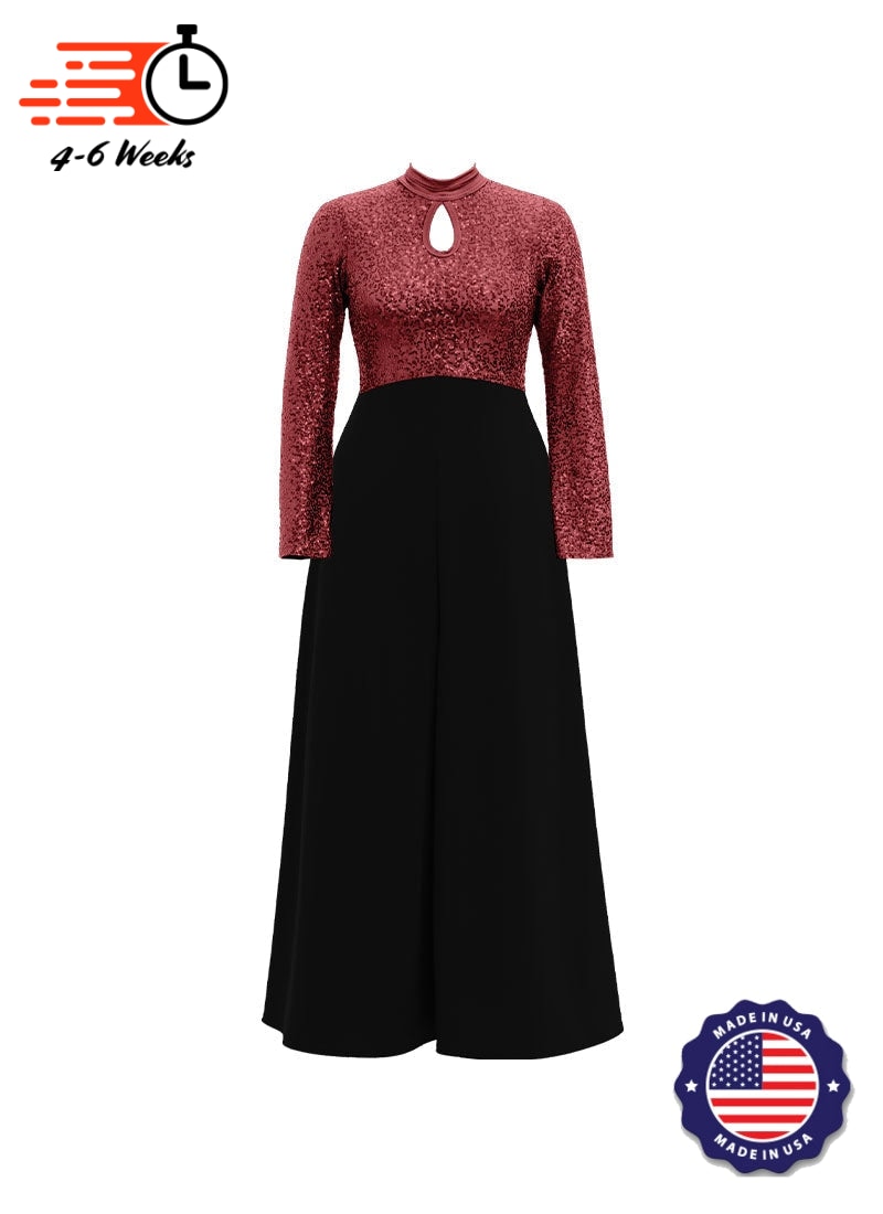 High Neck Keyhole Long Sleeve Stretch Sequin Top/ Black Crepe Knit Palazzo Pant Jumpsuit