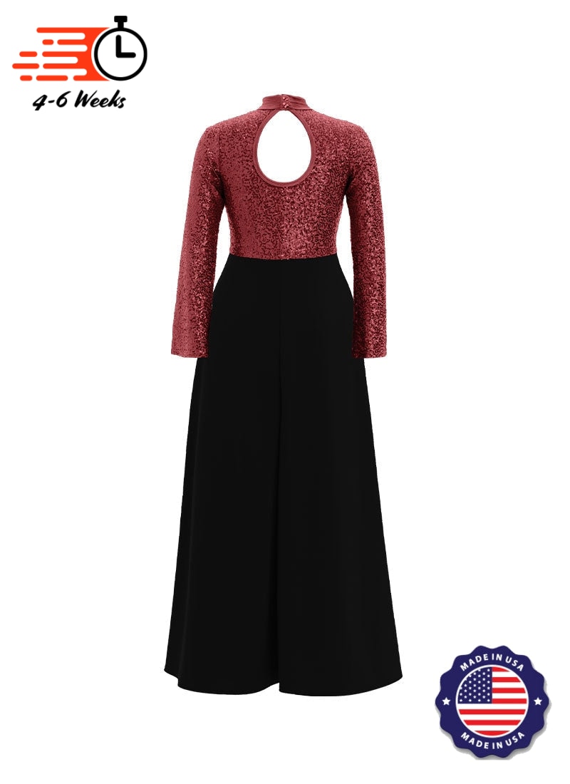 High Neck Keyhole Long Sleeve Stretch Sequin Top/ Black Crepe Knit Palazzo Pant Jumpsuit
