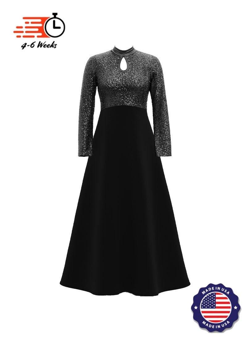 High Neck Keyhole Long Sleeve Stretch Sequin Top/ Black Crepe Knit Gown