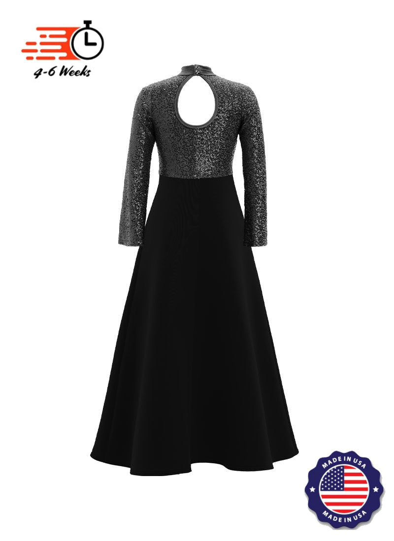 High Neck Keyhole Long Sleeve Stretch Sequin Top/ Black Crepe Knit Gown