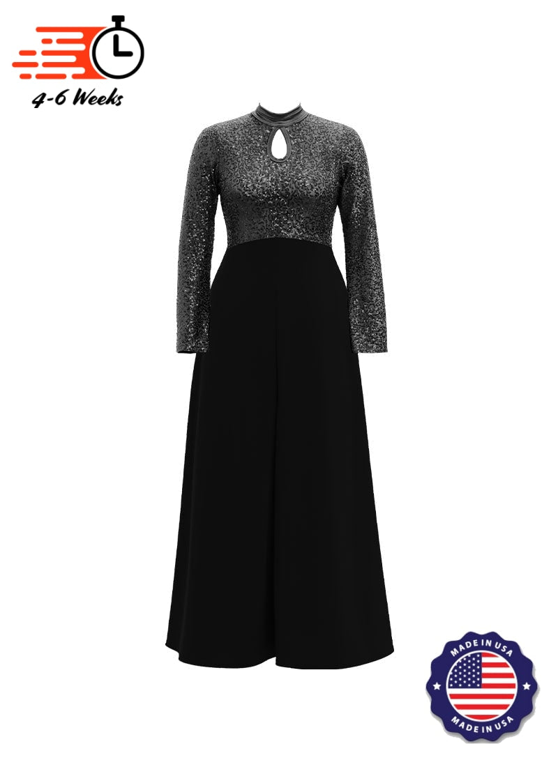 High Neck Keyhole Long Sleeve Stretch Sequin Top/ Black Crepe Knit Palazzo Pant Jumpsuit