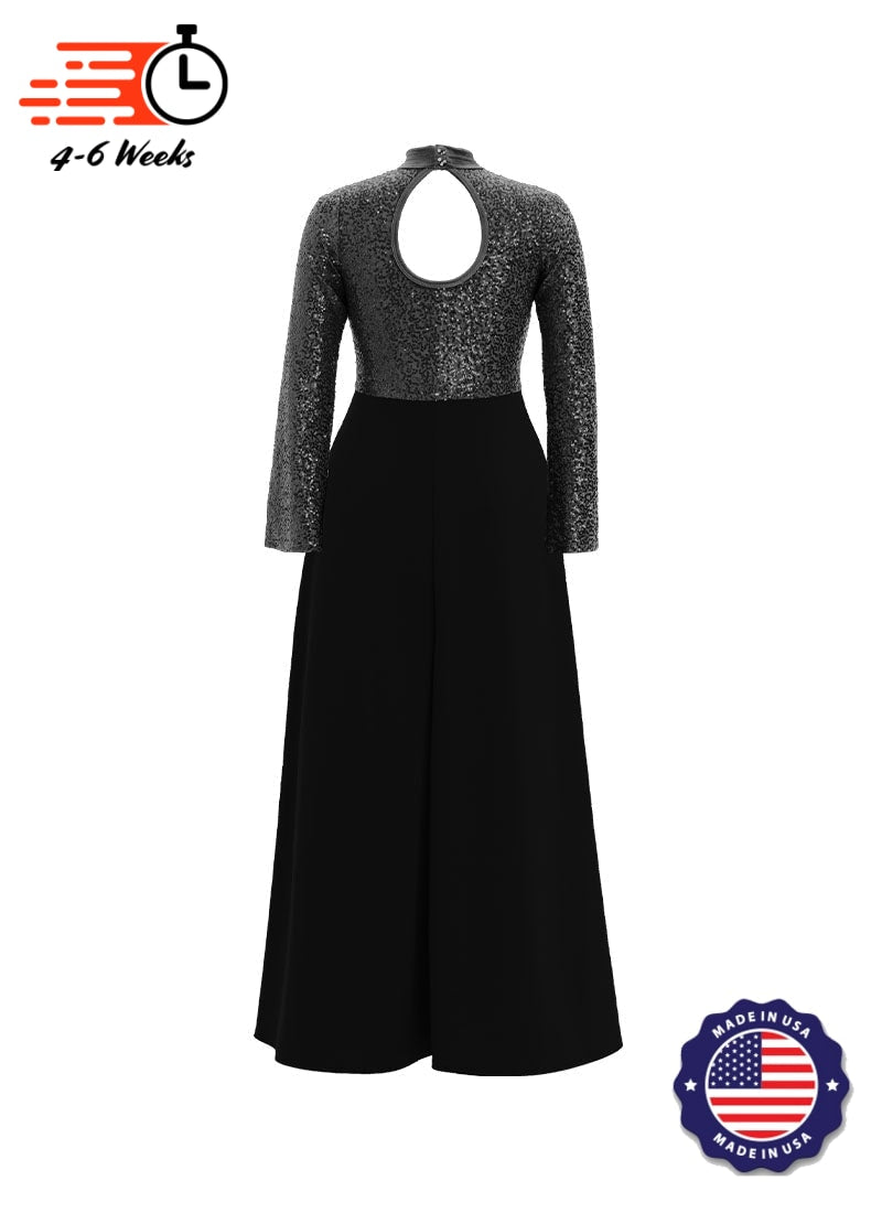 High Neck Keyhole Long Sleeve Stretch Sequin Top/ Black Crepe Knit Palazzo Pant Jumpsuit