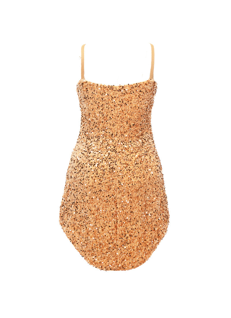 Tan Velvet Sequin V-Neck/V-Hem A-Line SHIFT Show Choir Dress Back