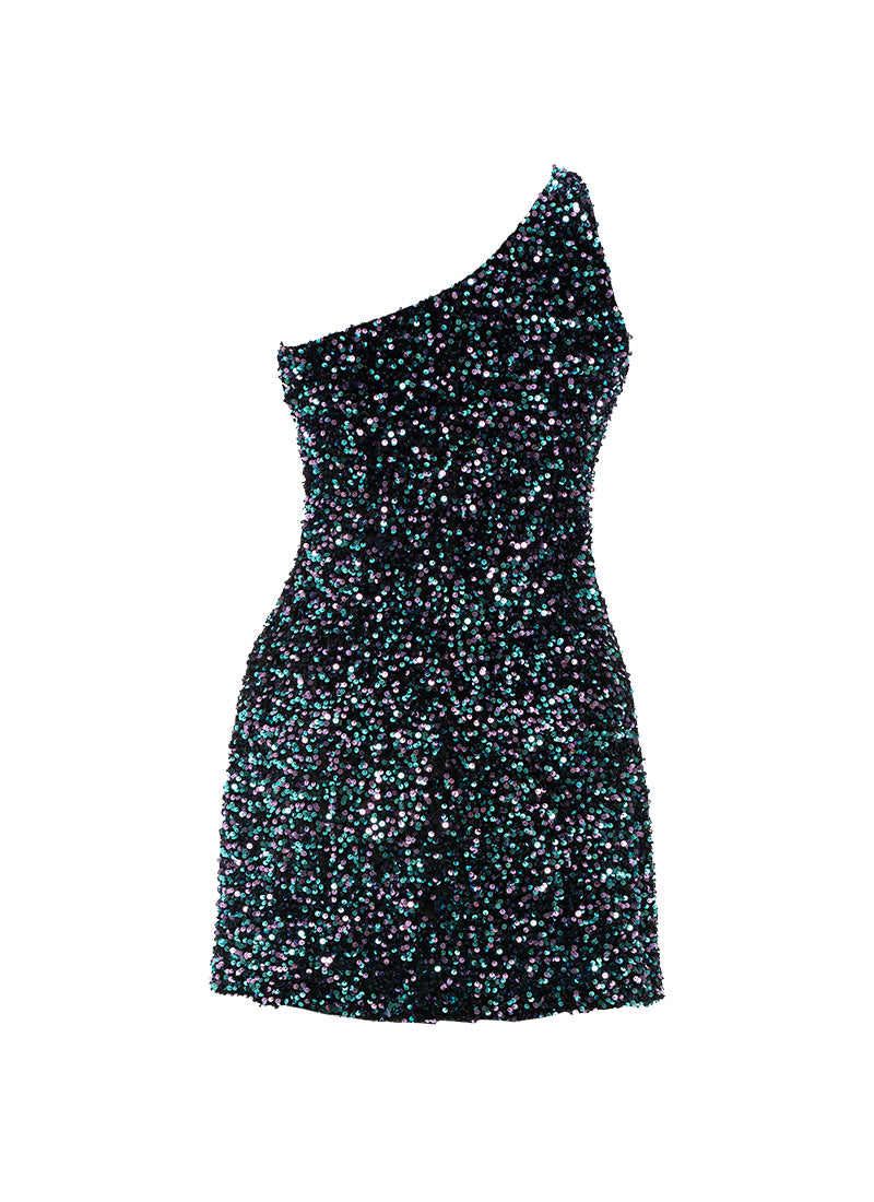Black - Black, Teal and Purple Velvet Sequin One Shoulder A-Line SHIFT Show Choir Dress - Ships 4 to 6 Weeks