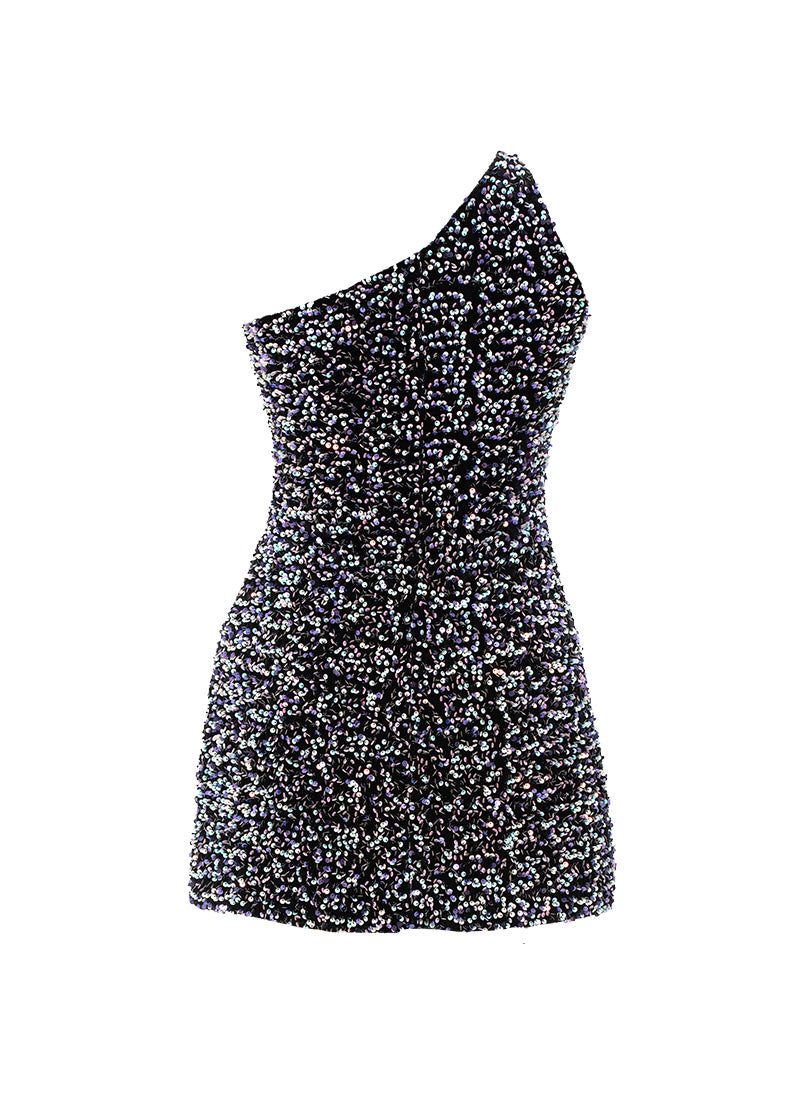 Black - Cool White Velvet Sequin One Shoulder A-Line SHIFT Show Choir Dress - Ships 4 to 6 Weeks