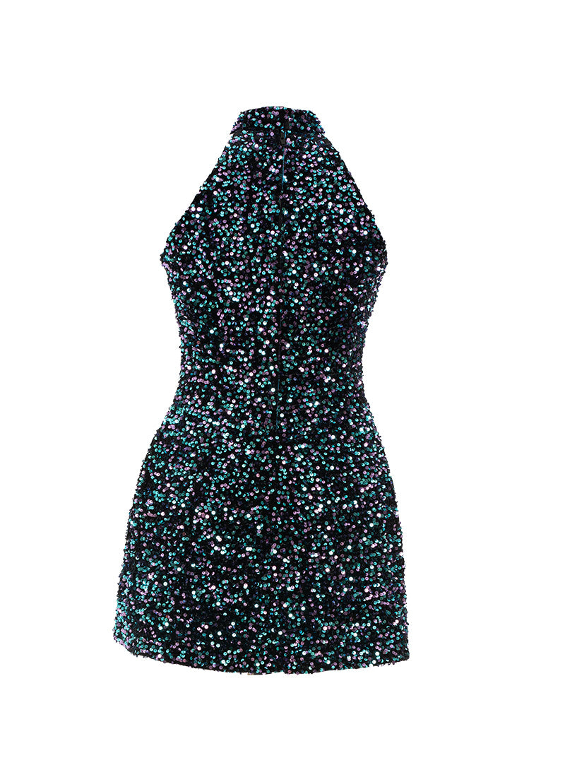 Black - Black, Teal and Purple Velvet Sequin High Neck A-Line SHIFT Show Choir Dress - Ships 4 to 6 Weeks
