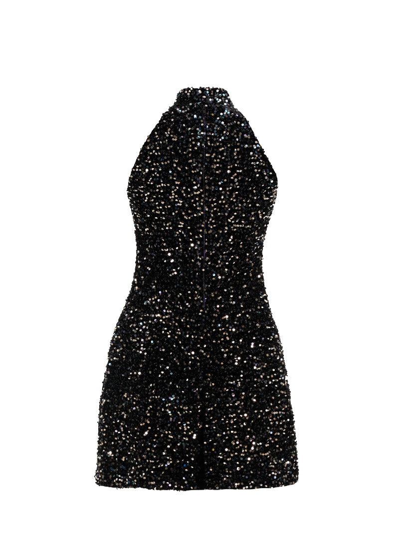 Black - Navy Silver Sequin High Neck A-Line SHIFT Show Choir Dress Back View