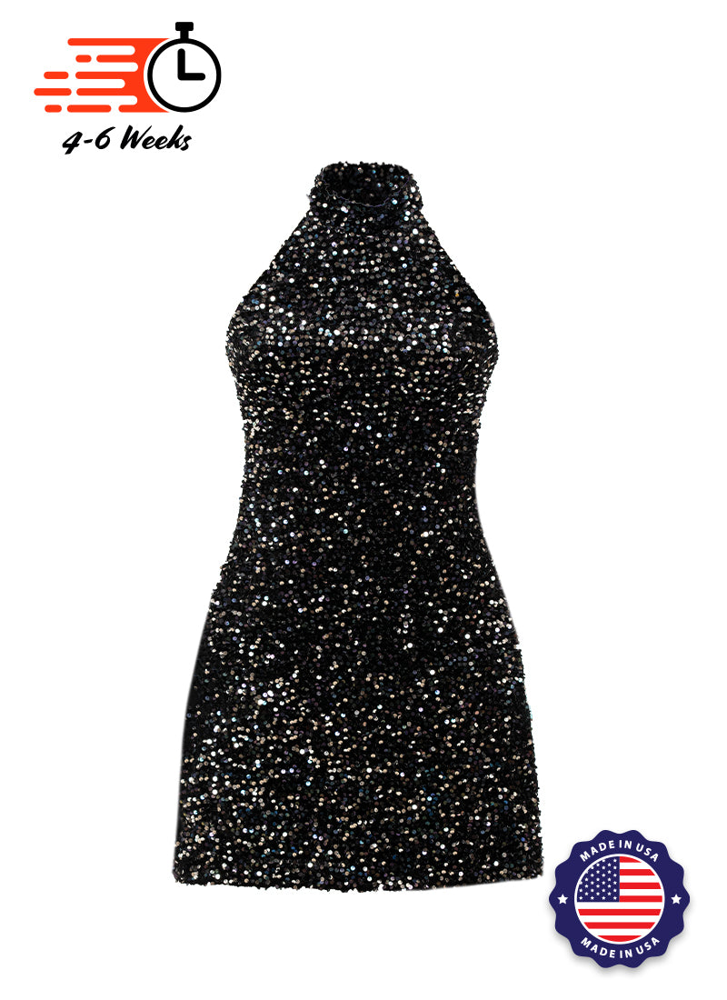 Black - Navy Silver Sequin High Neck A-Line SHIFT Show Choir Dress Front View