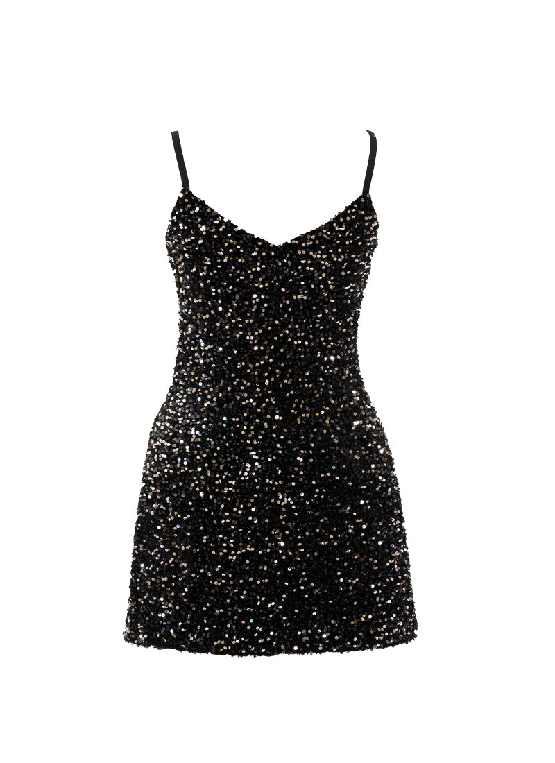 Black - Navy Silver Sequin V-Neck A-Line SHIFT Show Choir Dress Back View