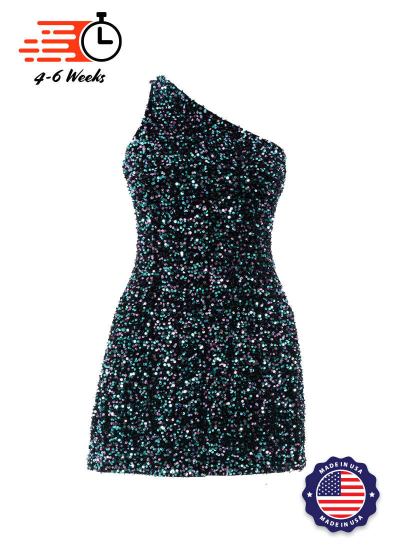Black - Black, Teal and Purple Velvet Sequin One Shoulder A-Line SHIFT Show Choir Dress - Ships 4 to 6 Weeks