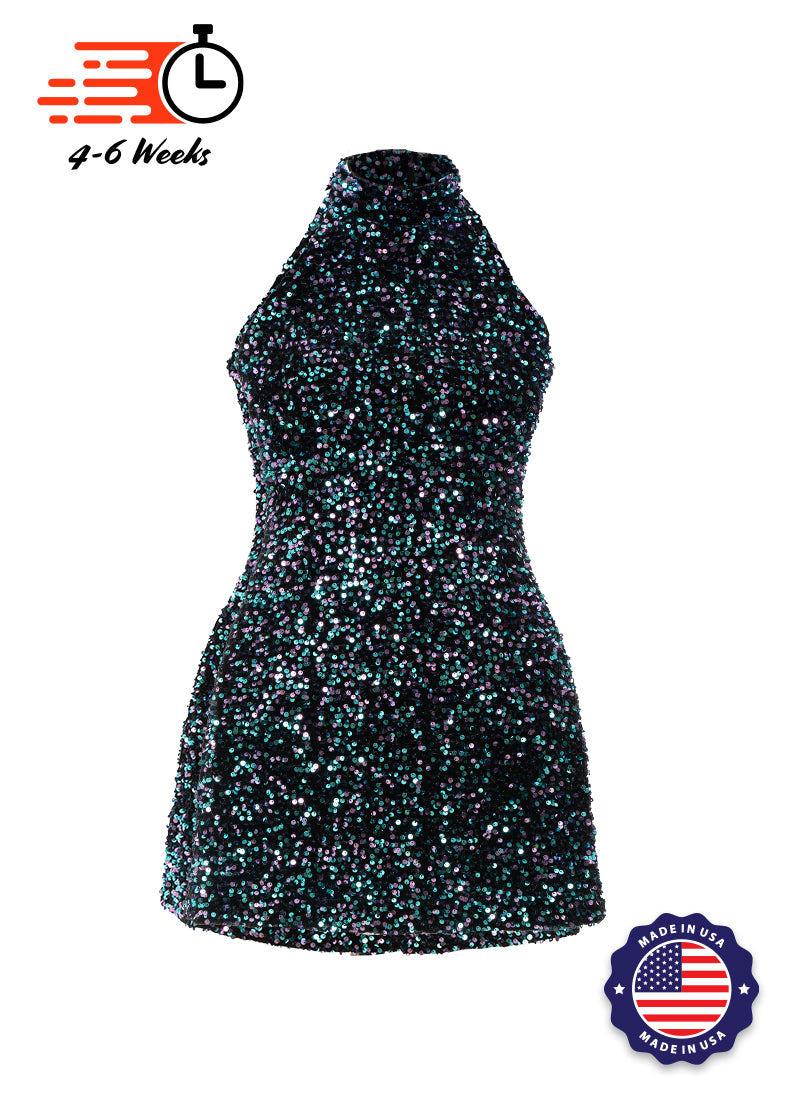 Black - Black, Teal and Purple Velvet Sequin High Neck A-Line SHIFT Show Choir Dress - Ships 4 to 6 Weeks
