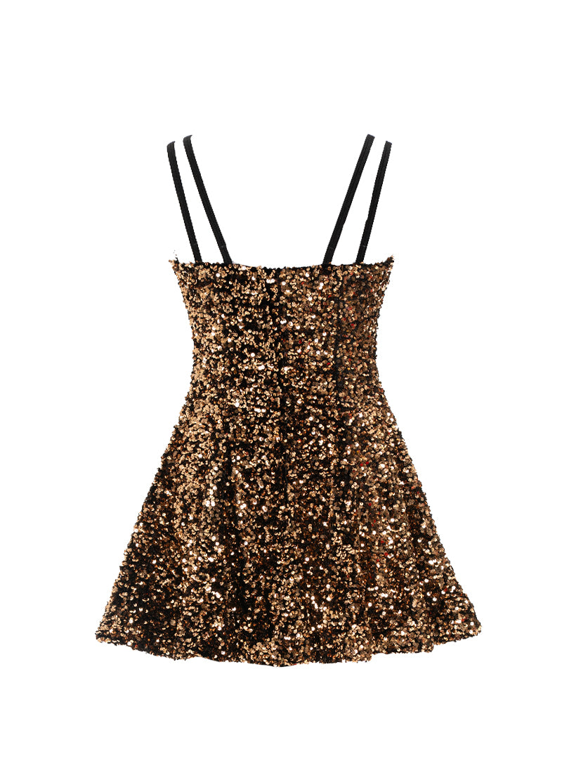 Black - Gold Sequin Classic Square Neckline Princess Seam Show Choir Dress Back View