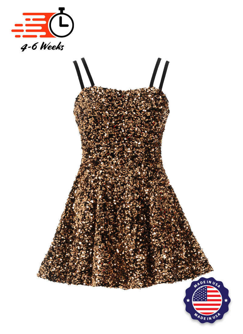 Black - Gold Velvet Metallic Sequin Classic Square Neckline Princess Seam Show Choir Dress Front