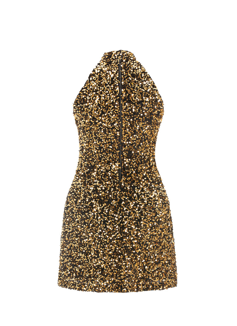 Black - Gold Sequin High Neck A-Line SHIFT Show Choir Dress Back View