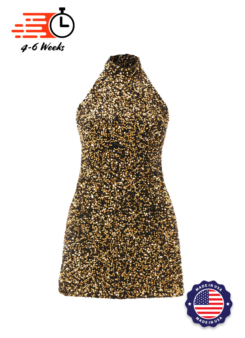 Black - Gold Sequin High Neck A-Line SHIFT Show Choir Dress Front View