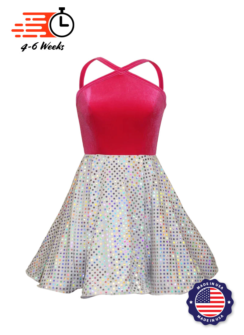 Hot Pink Velvet Top/White Silver Laser Dot Sequin Circle Skirt Show Choir Dress front