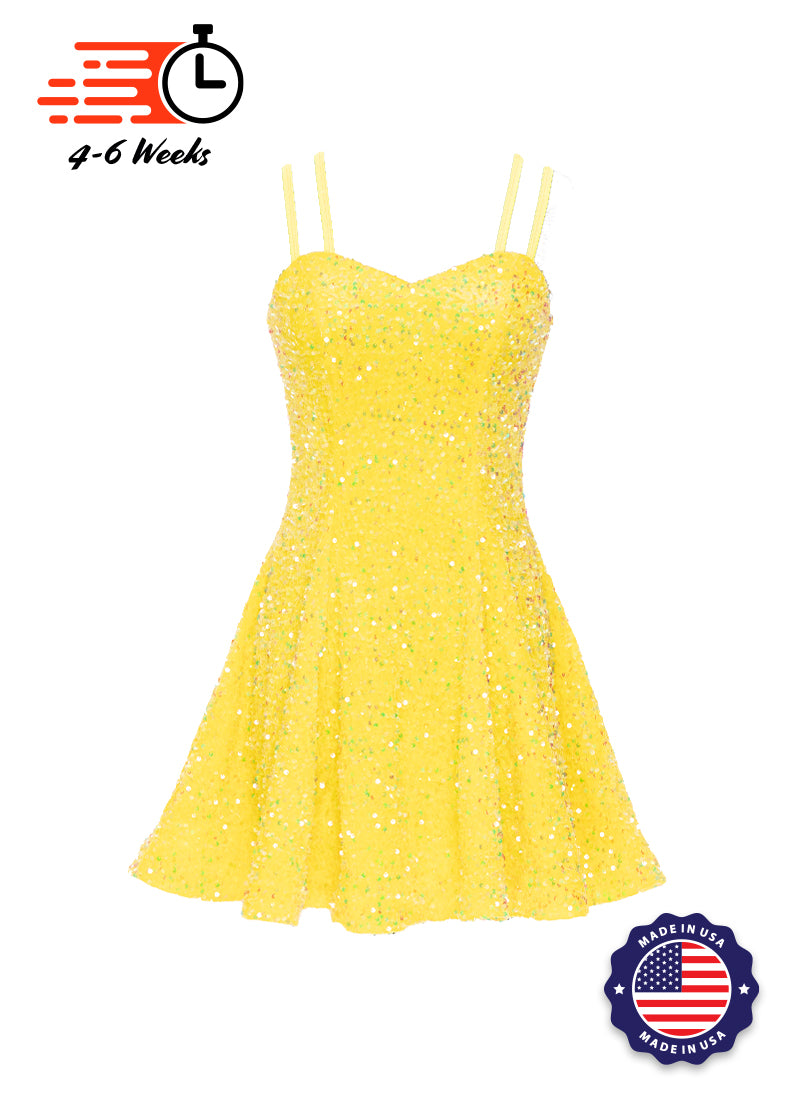 Lemon - Clear Iridescent Velvet Sequin Classic Square Neckline Princess Seam Show Choir Dress - Ships 4 to 6 weeks