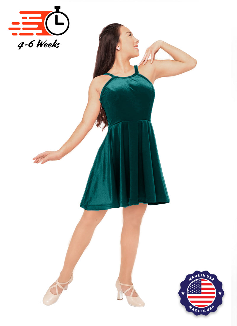 The DANCER Peacock Stretch Velvet Show Choir Dress w/model front