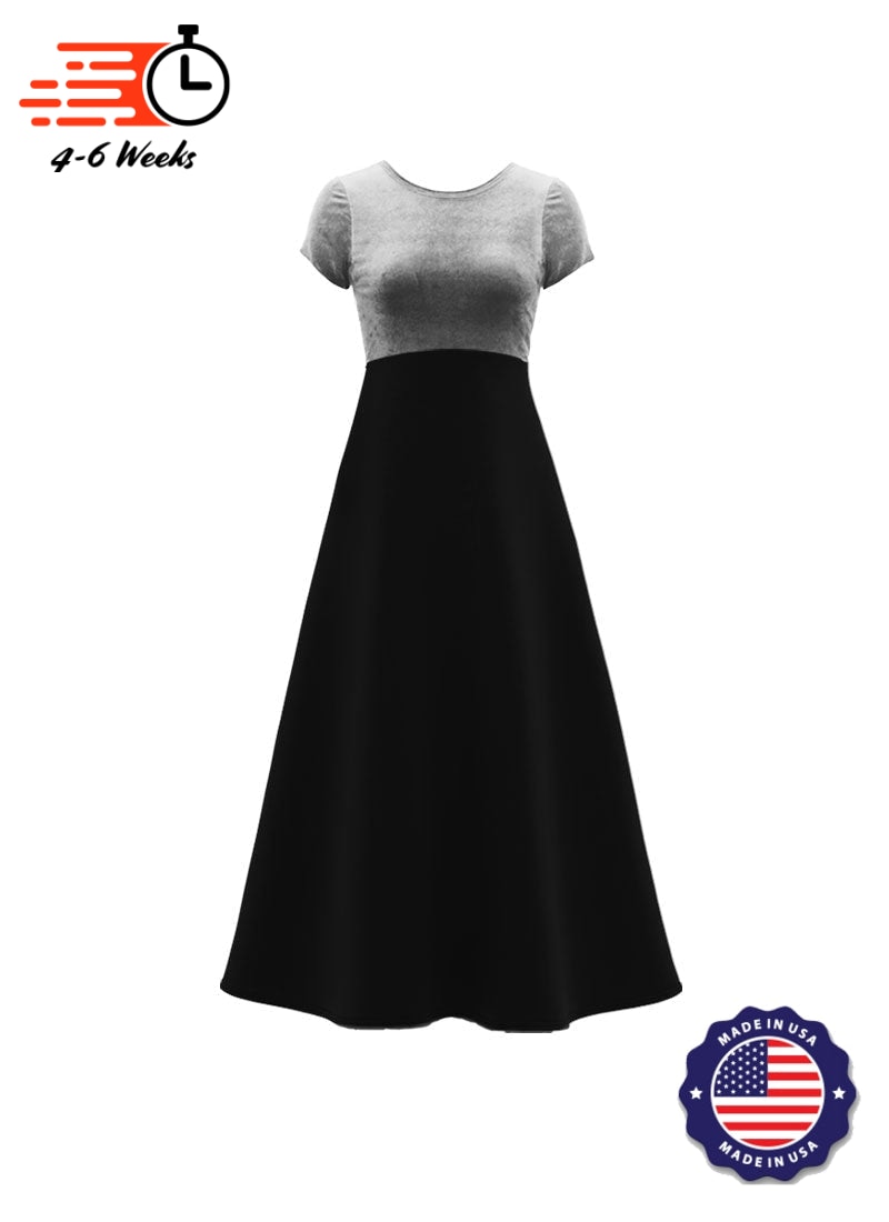 Jewel Neck V-Back Neck Short Sleeve Stretch Velvet Top/ Black Crepe Knit Gown