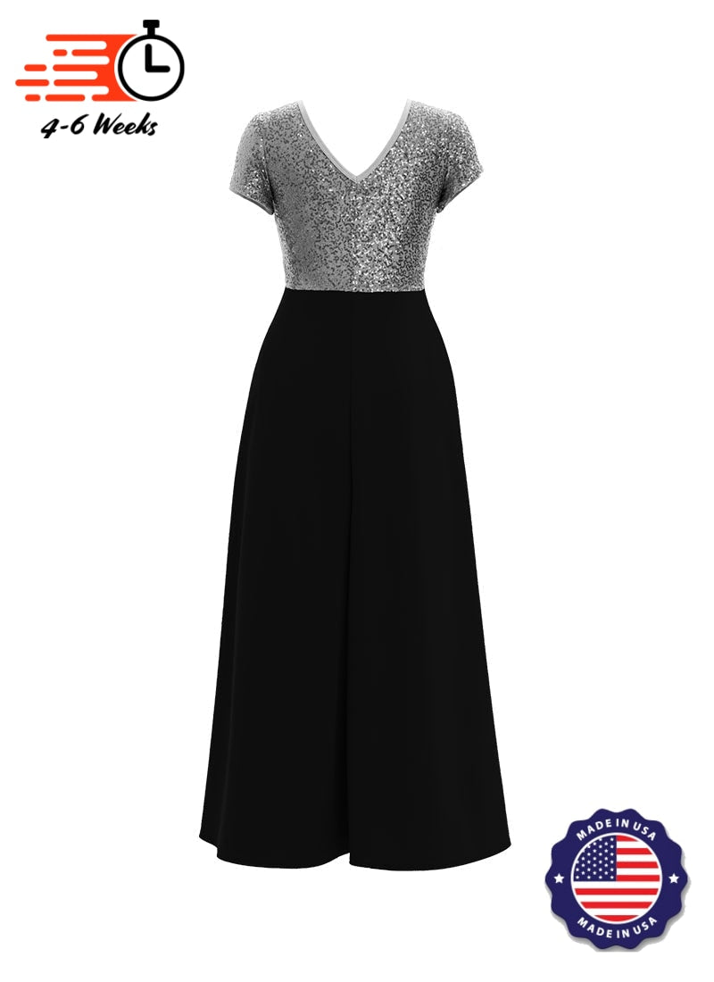 Jewel Neck V-Back Neck Short Sleeve Stretch Sequin Top/ Black Crepe Knit Palazzo Pant Jumpsuit