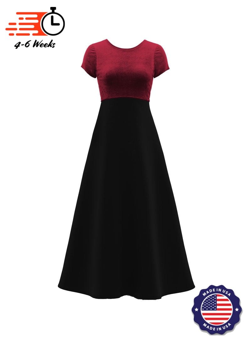 Jewel Neck V-Back Neck Short Sleeve Stretch Velvet Top/ Black Crepe Knit Gown